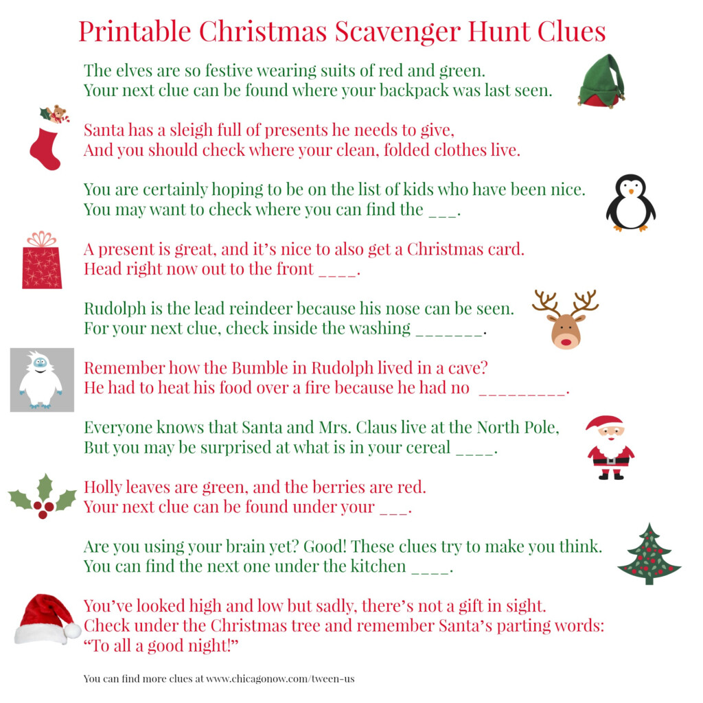 70 Printable Christmas Scavenger Hunt Clues