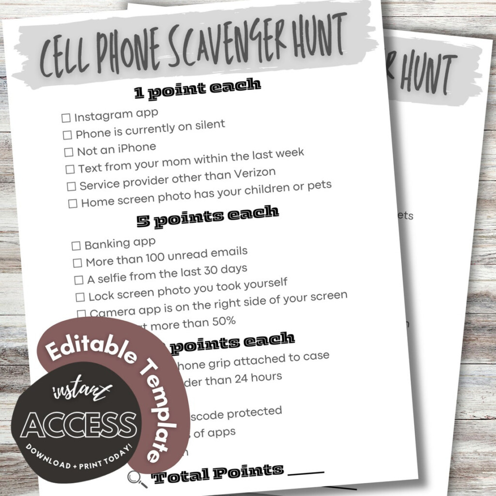 Cell Phone Scavenger Hunt Game Editable Template Printable Ice Breaker 