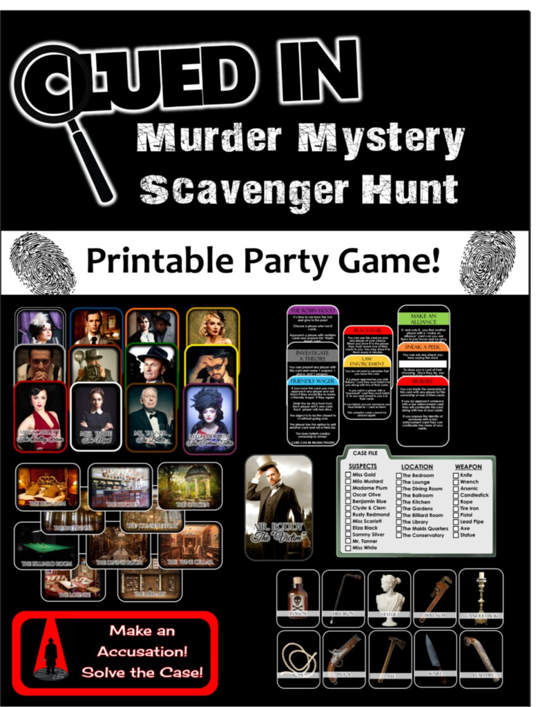 Clued In Murder Mystery Scavenger Hunt Printable Party Game Inspired 