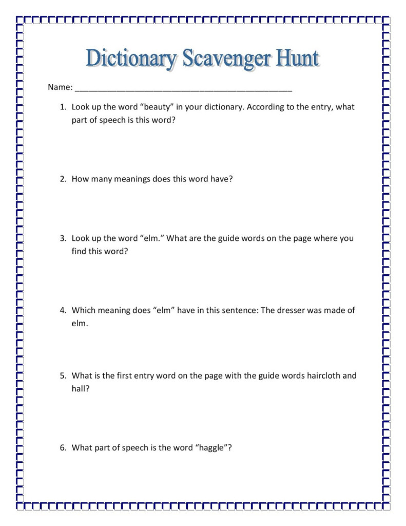 Dictionary Scavenger Hunt Worksheet