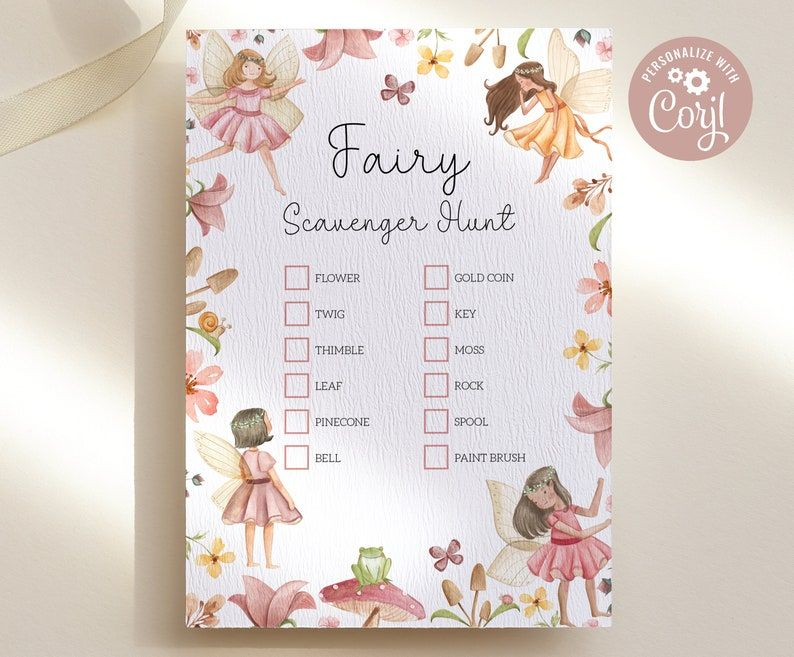 Fairy Scavenger Hunt Game Editable Printable Woodland Fairy Party Game 