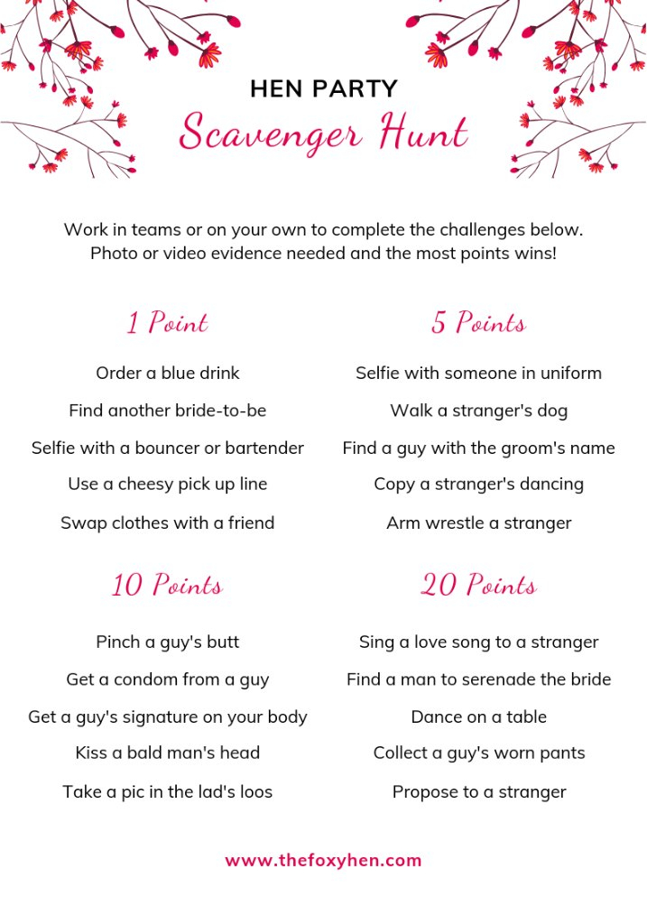 Free Hen Party Scavenger Hunt Game The Foxy Hen