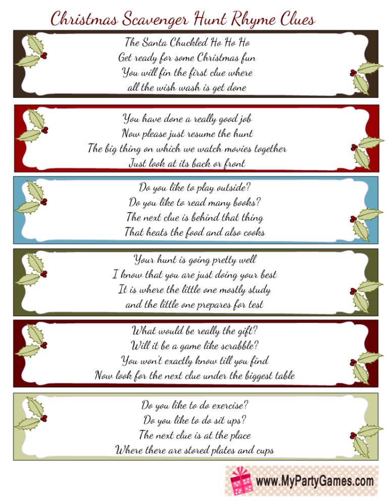 Free Printable Christmas Scavenger Hunt Rhyme Clues