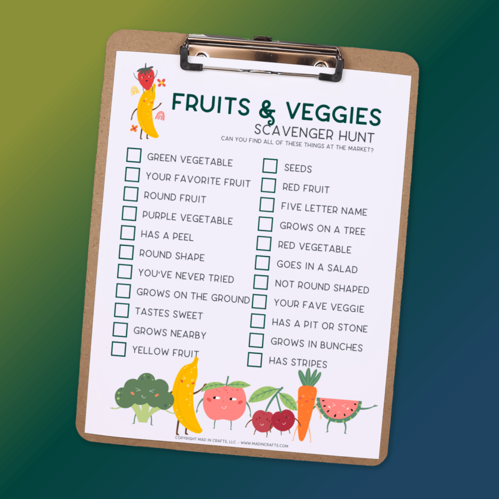 FREE PRINTABLE FRUIT AND VEGGIE SCAVENGER HUNT Printables Mad In Crafts