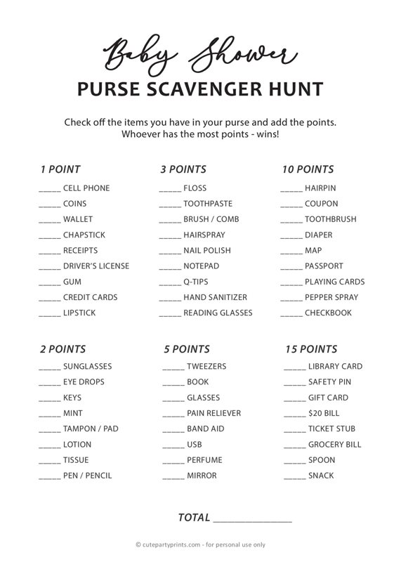 Free Printable Purse Scavenger Hunt Baby Shower Game Artofit