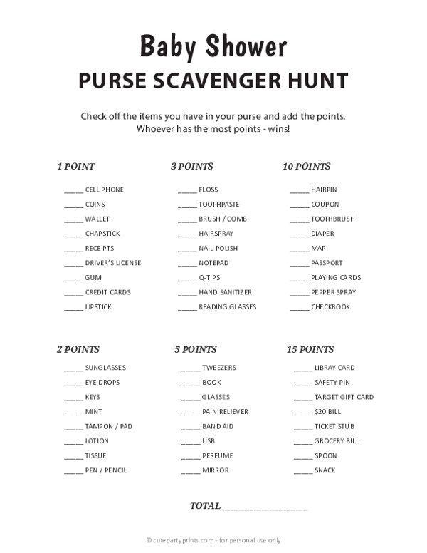 Free Printable Purse Scavenger Hunt Baby Shower Game Free Baby Shower 