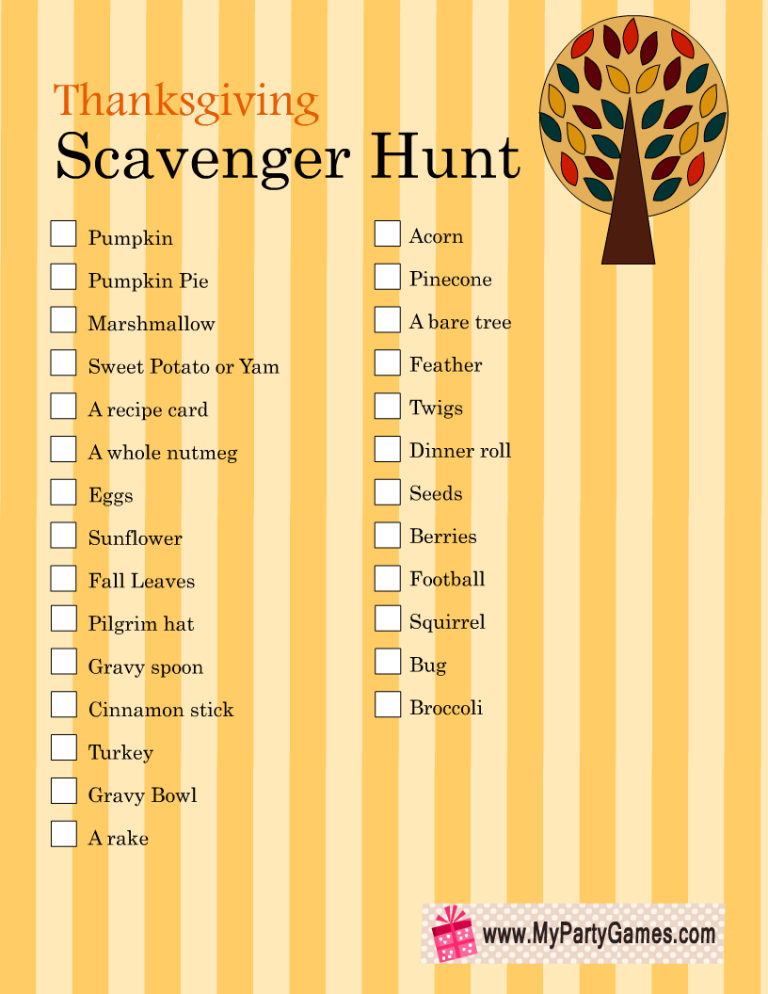 Free Printable Thanksgiving Scavenger Hunt Game For Kids