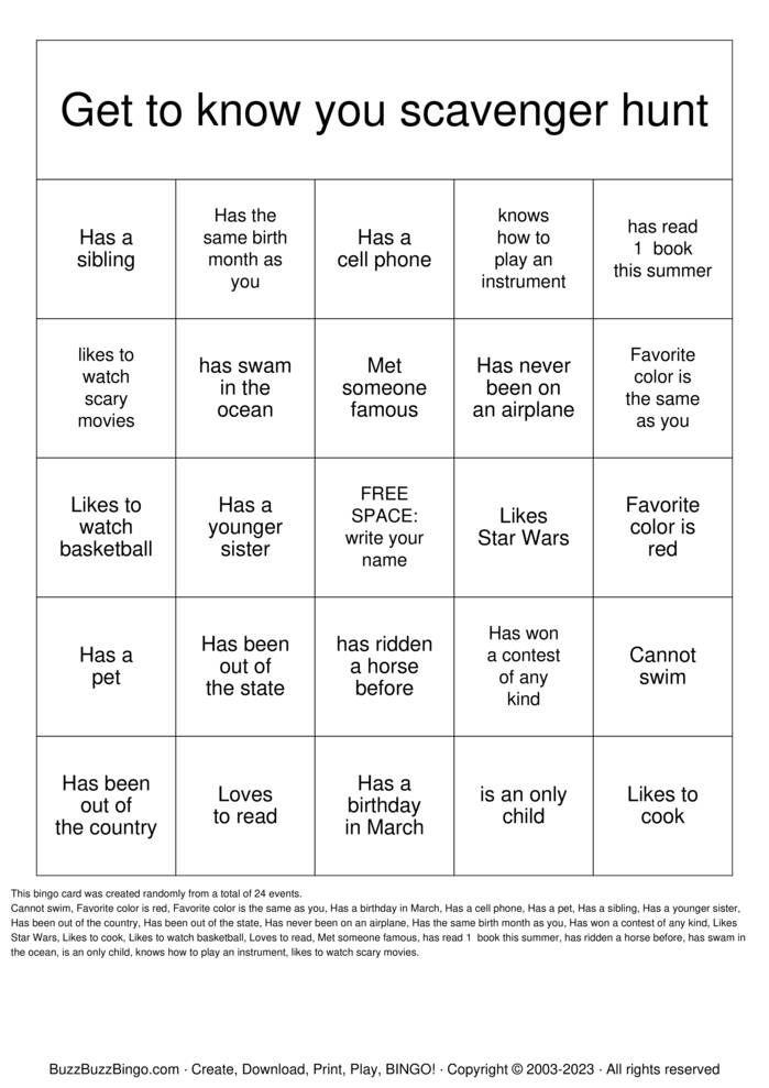 Human Scavenger Hunt Bingo Cards To Download Print And Customize 