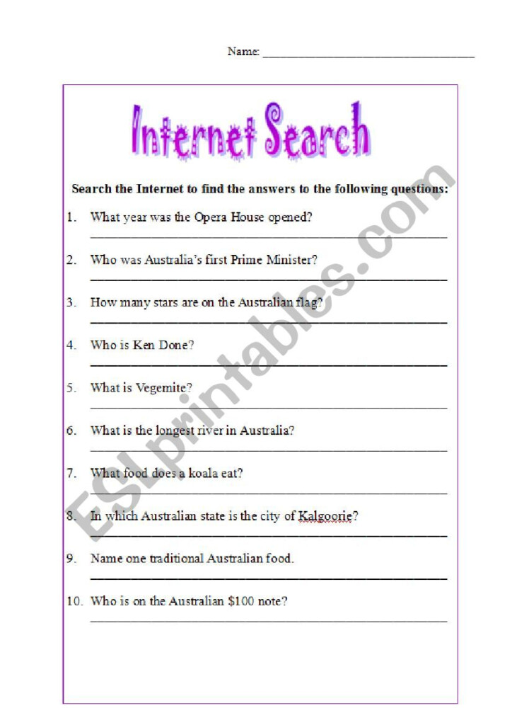 Internet Scavenger Hunt Worksheet