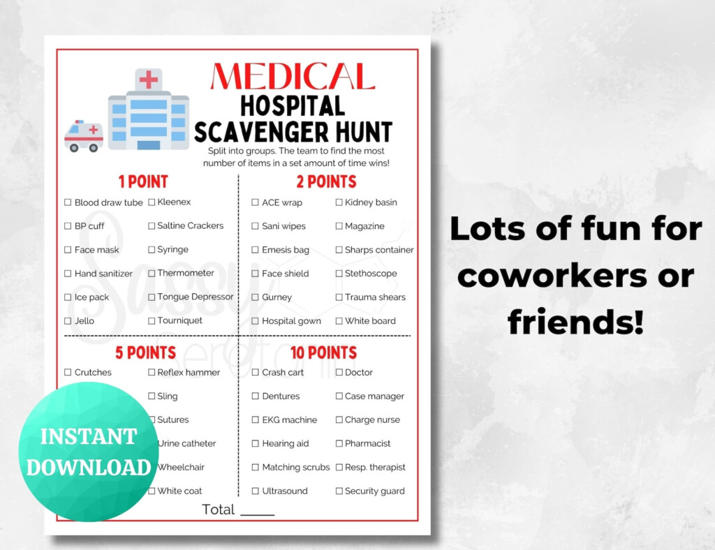 Medical HOSPITAL Scavenger Hunt PRINTABLE Medical Game Doctor Nurse Fun 