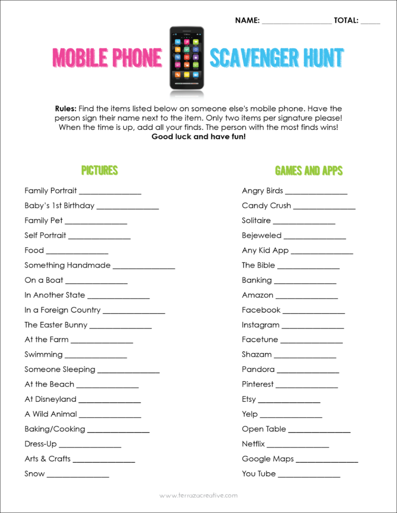 Mobile Phone Scavenger Hunt Mixer Free Printable Games For Teens 