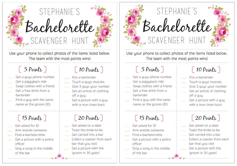 Personalised Bridal Scavenger Hunt Printable Pink Floral Etsy