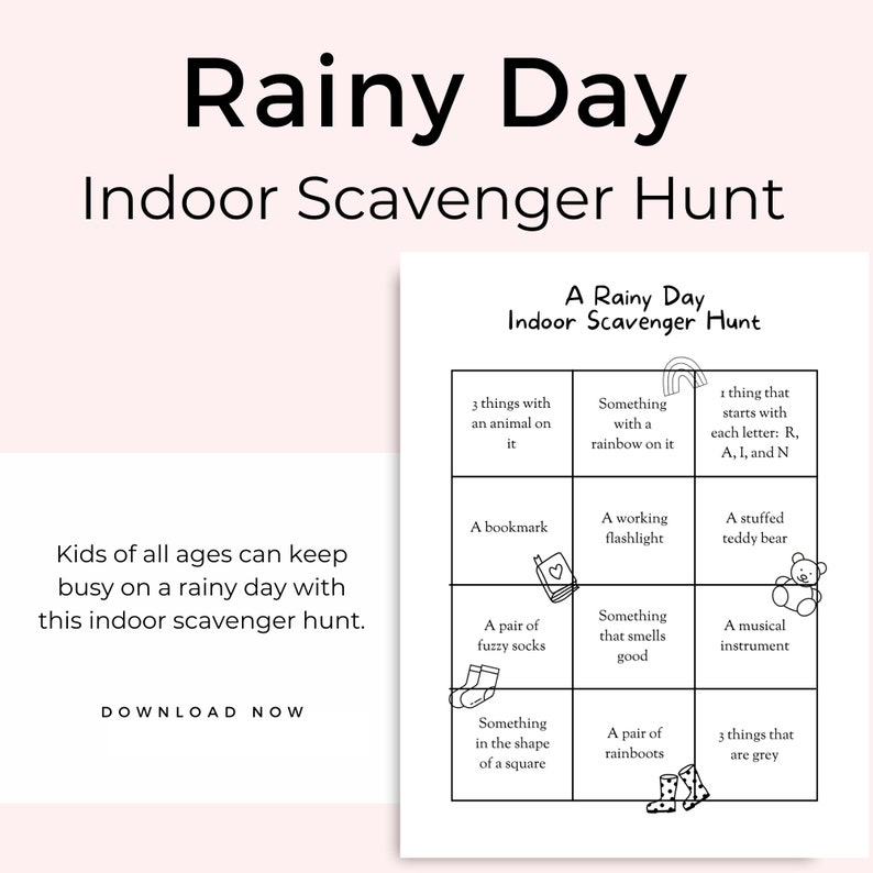 Rainy Day Scavenger Hunt Printable For Kids Black And White Indoor 