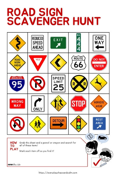 Road Sign Scavenger Hunt Printable