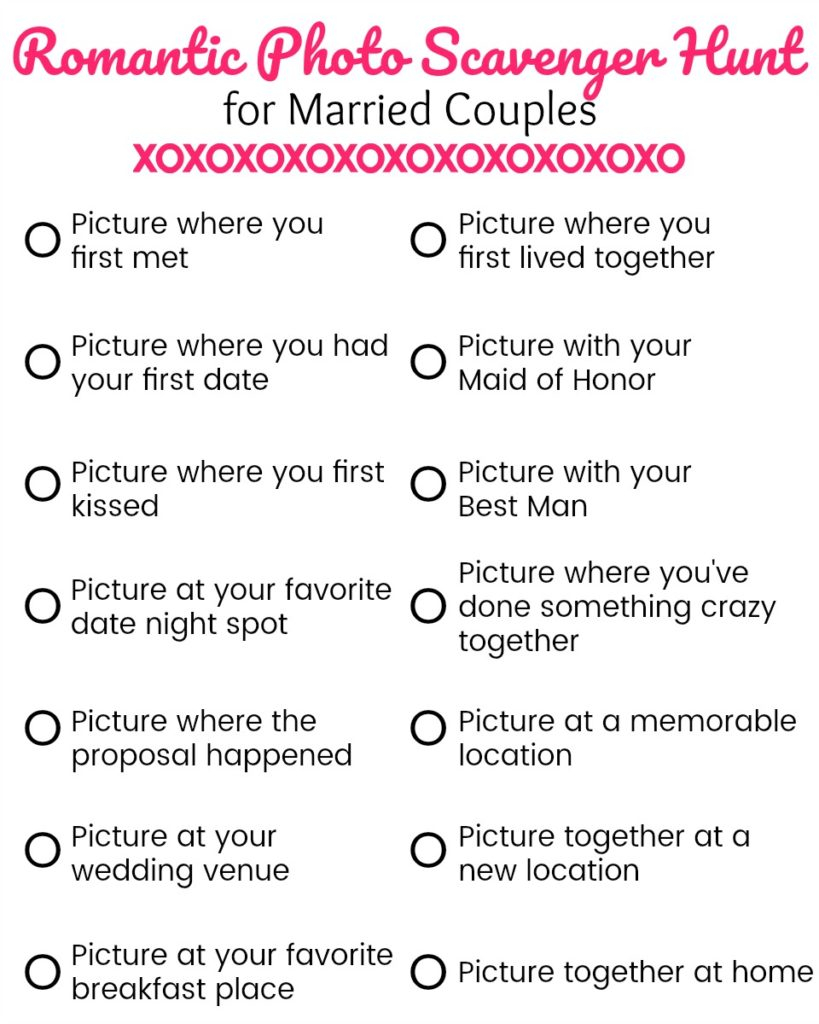 Romantic Photo Scavenger Hunt For Married Couples Free Printable