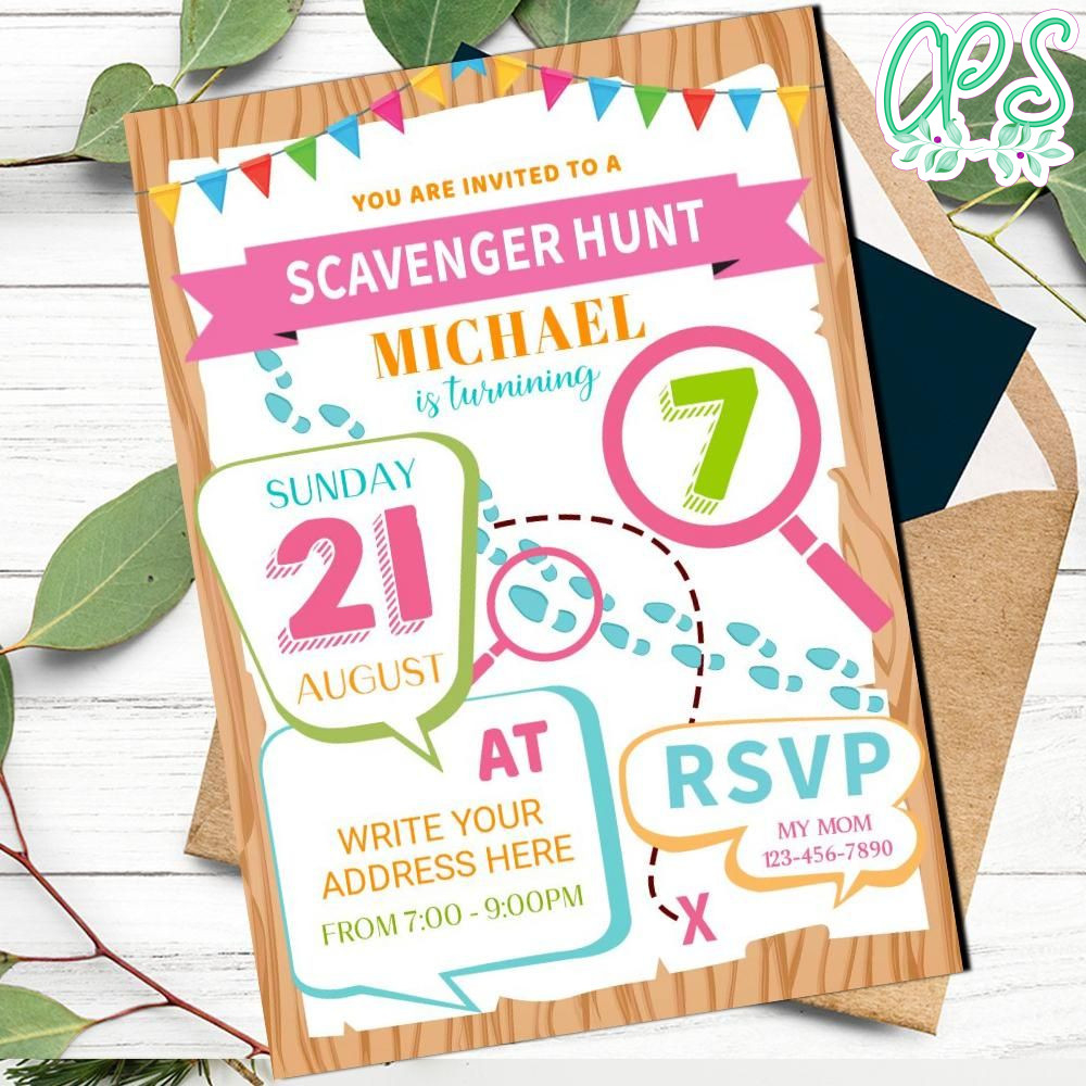 Scavenger Hunt Birthday Invitation Customizable Template 