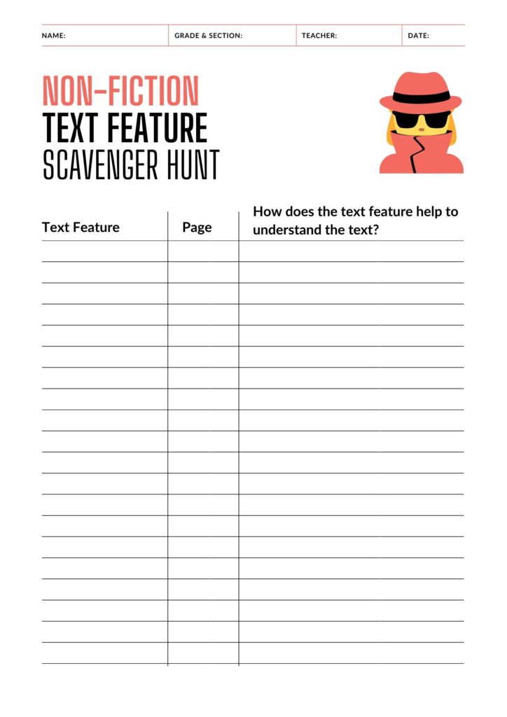 Text Features Scavenger Hunt Free Template A Tutor