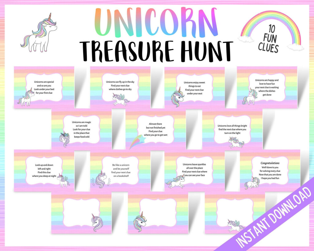 Unicorn Treasure Hunt For Kids Unicorn Scavenger Hunt Clues Unicorn 